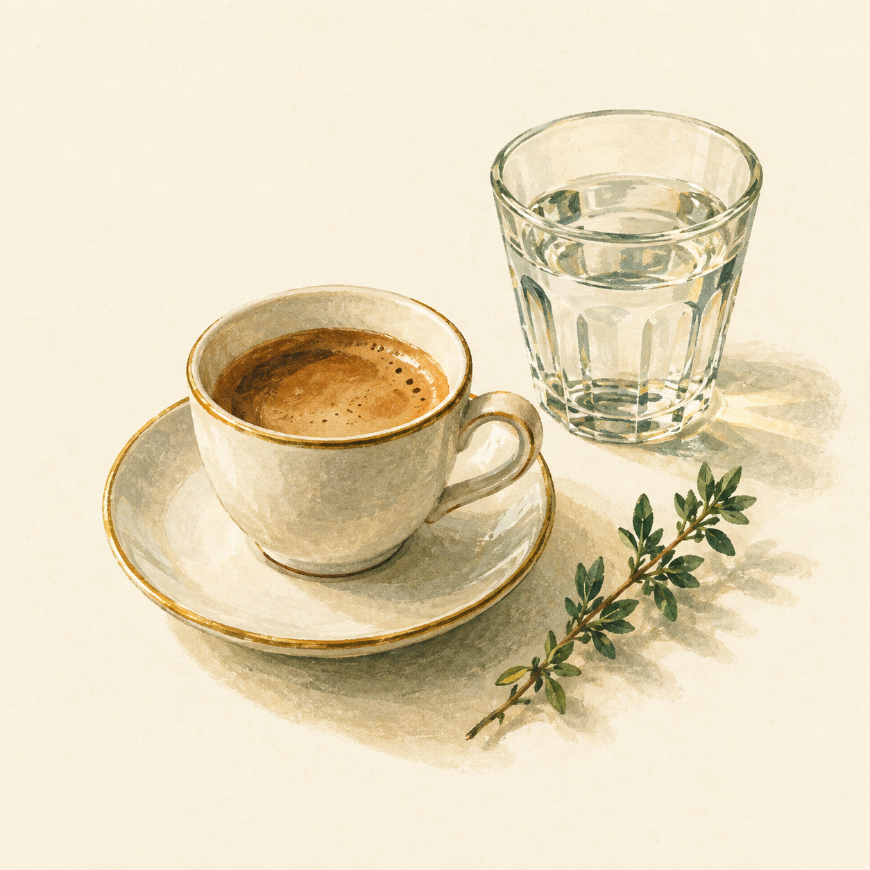 Dekorative Illustration einer Kaffeetasse, eines Wasserglases und eines Kräuterzweigs.